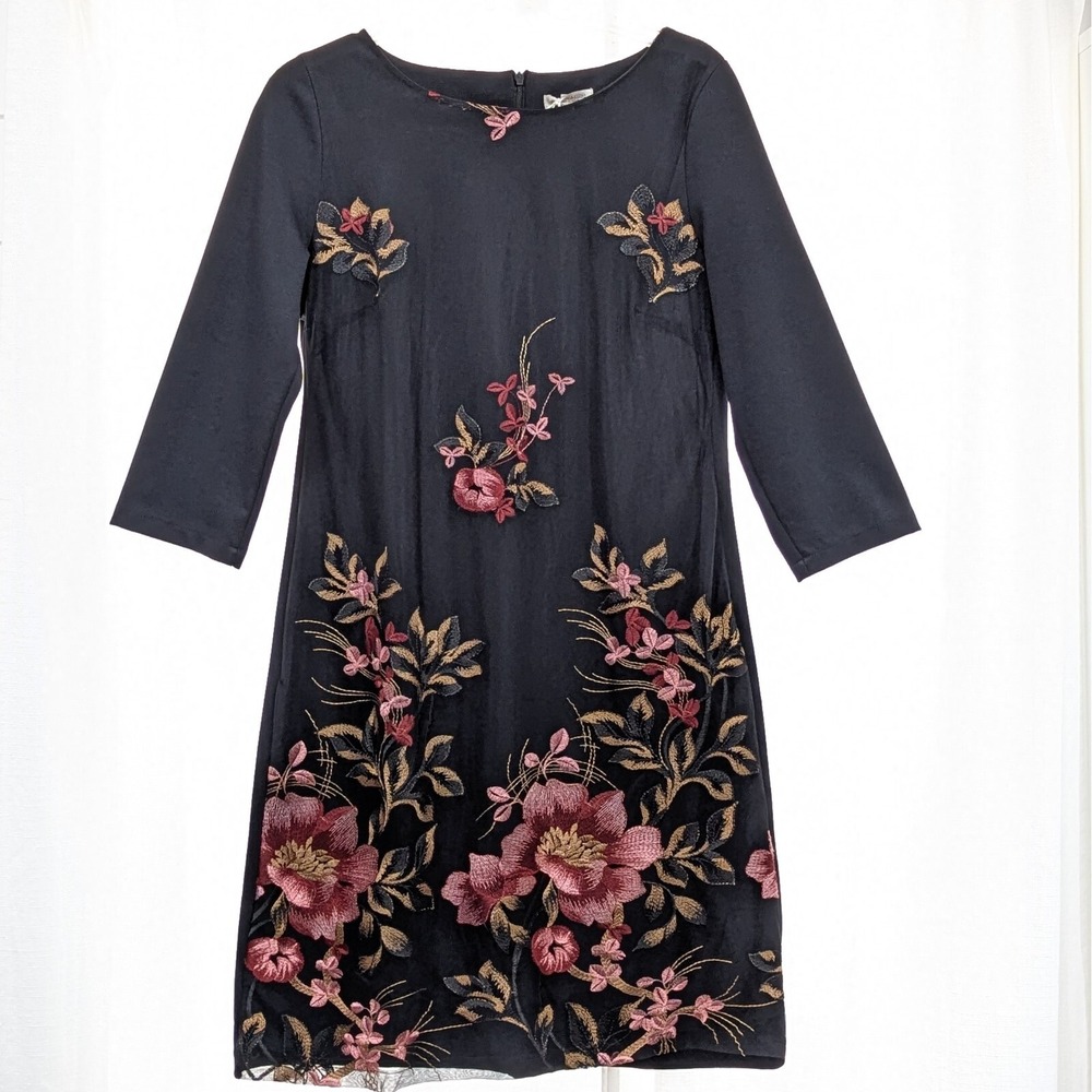 Marisa & Marie Dress‎ Large Black Embroidered Floral Sheer Overlay 3/4 Sleeve